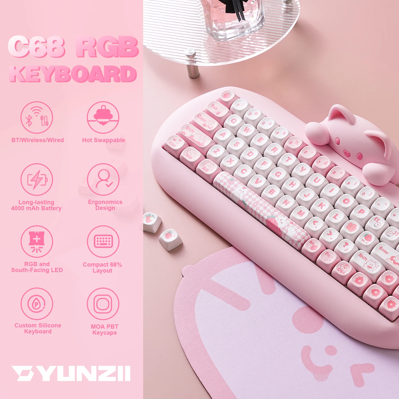 YUNZII C68 Clavier mécanique Rose 65% – Image 2