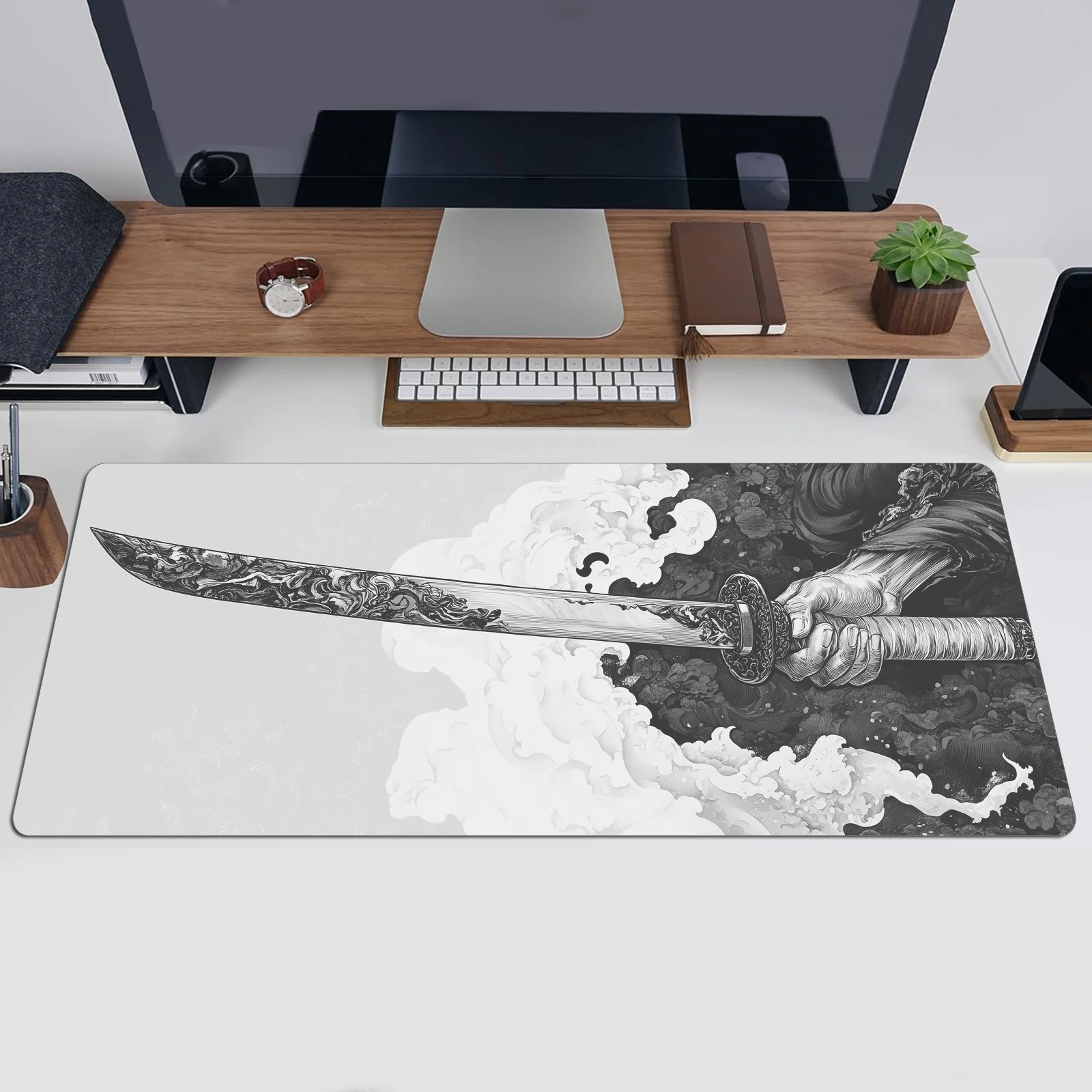 Tapis de souris gaming motif épée du vent noir et blanc sur bureau